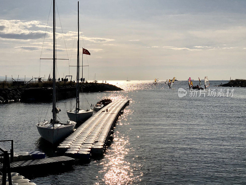 Wind surfers and sail boats near Kalam?? coastline, Istanbul, Turkey